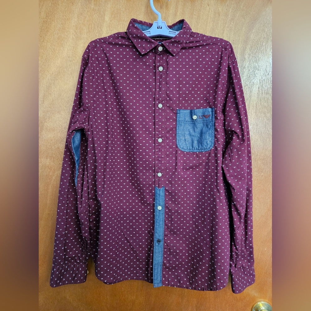 ARMANI JEANS Mens XL Regular Fit Shirt Maroon Ling Sleeve Stylish Preppy